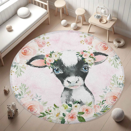 Baby Cow Rose Floral Round Rug