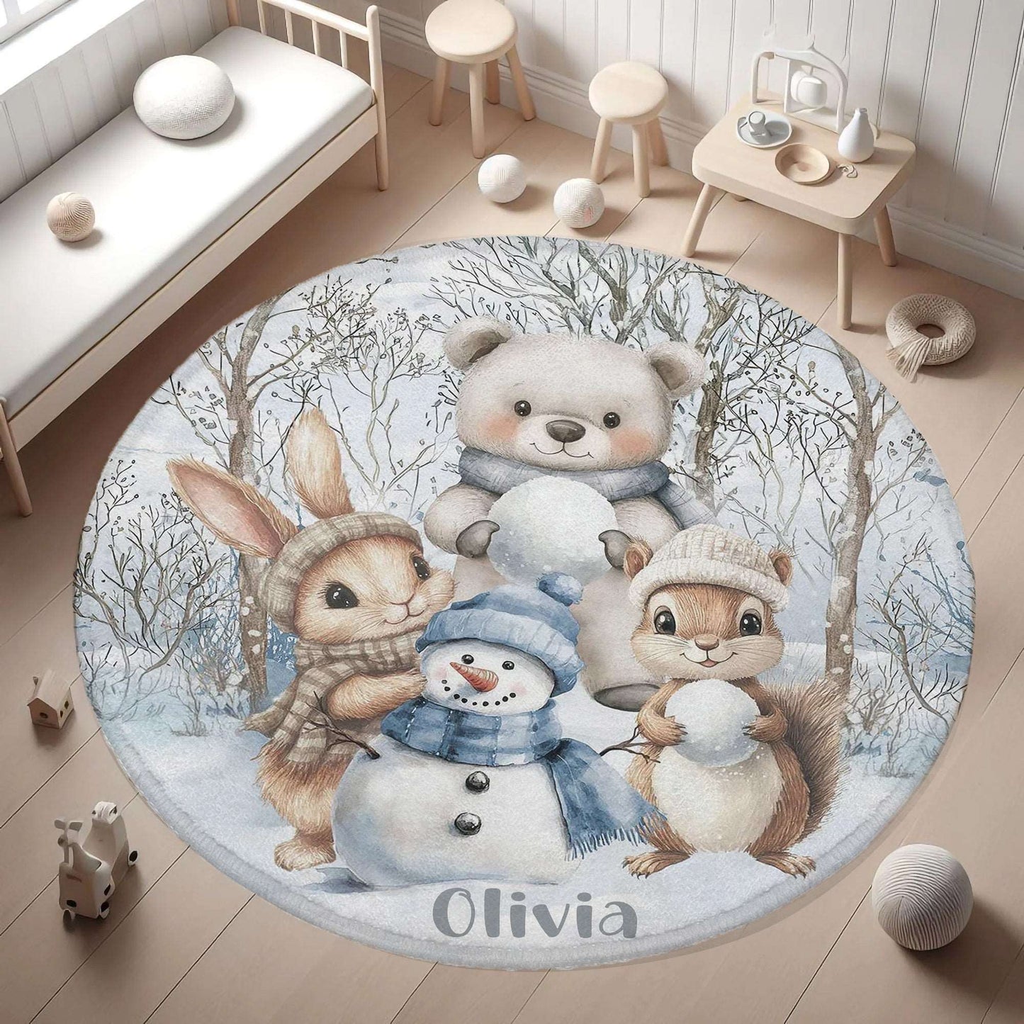 Winter Woodland Animals Round Rug