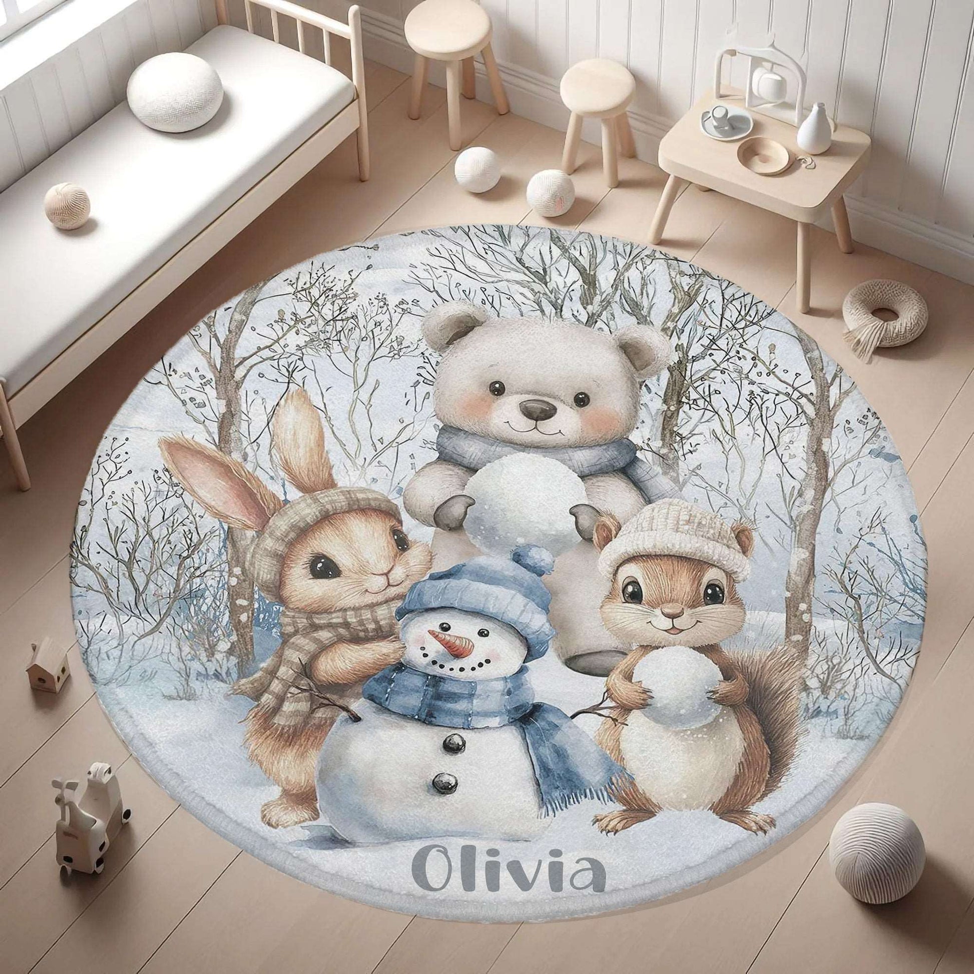 Winter Woodland Animals Round Rug