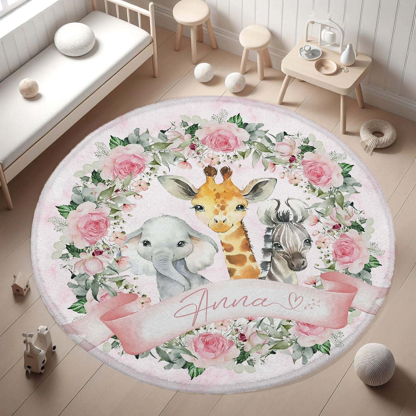 Safari Animals Rose Floral Round Rug