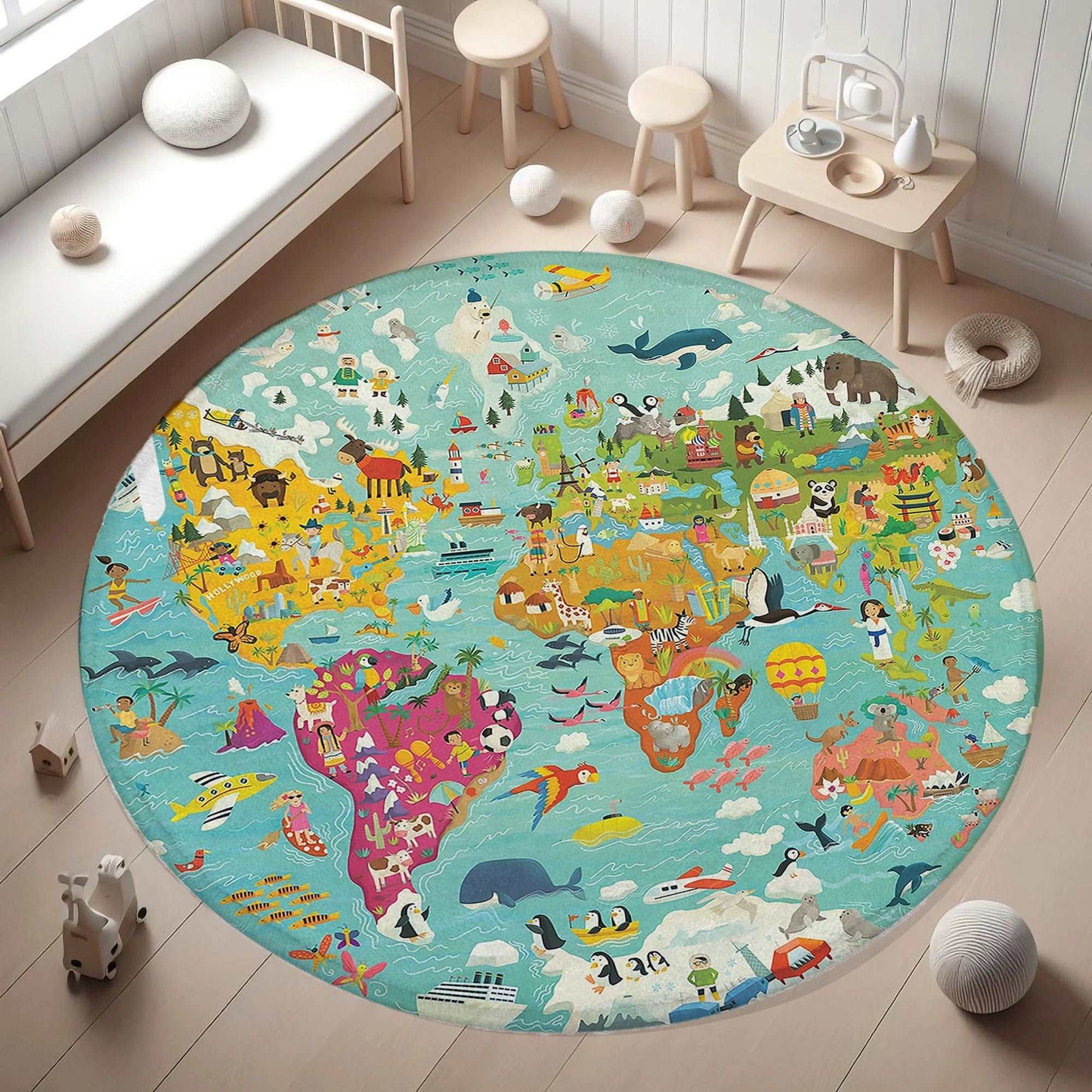 Animal World Map Round Rug