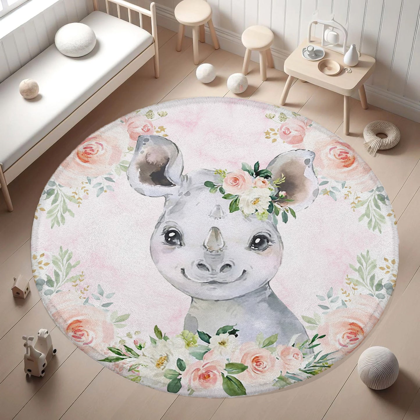 Baby Rhino Rose Floral Round Rug