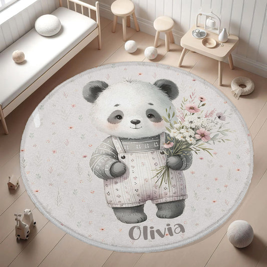 Spring Floral Panda Round Rug