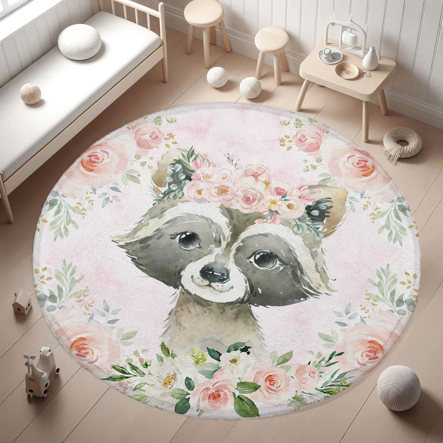Baby Raccoon Rose Floral Round Rug