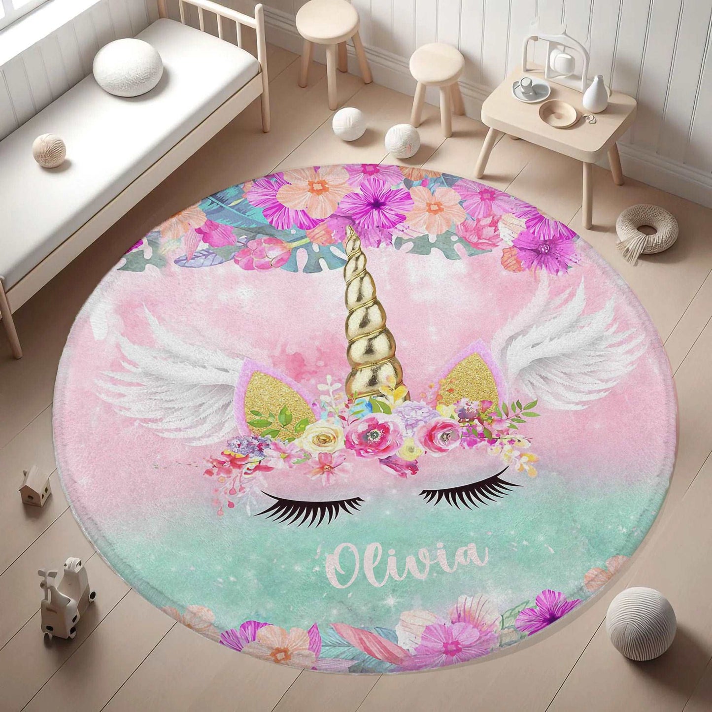 Floral Unicorn Face Round Rug