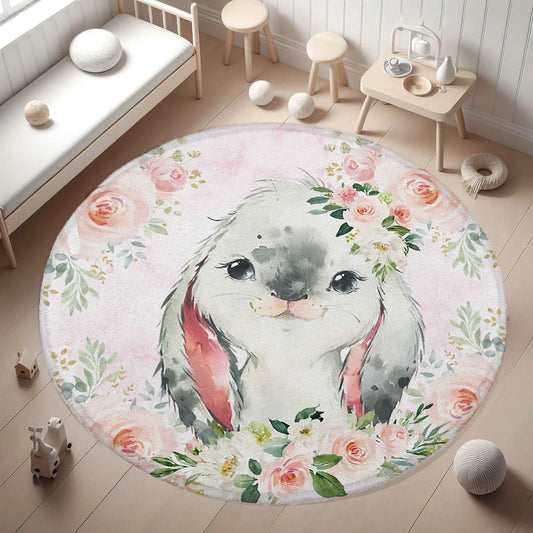 Baby Rabbit Rose Floral Round Rug