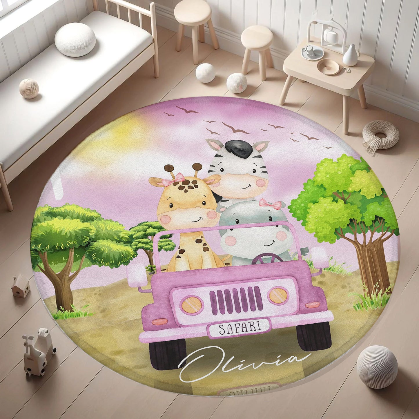 Safari Animals In Car Round Rug