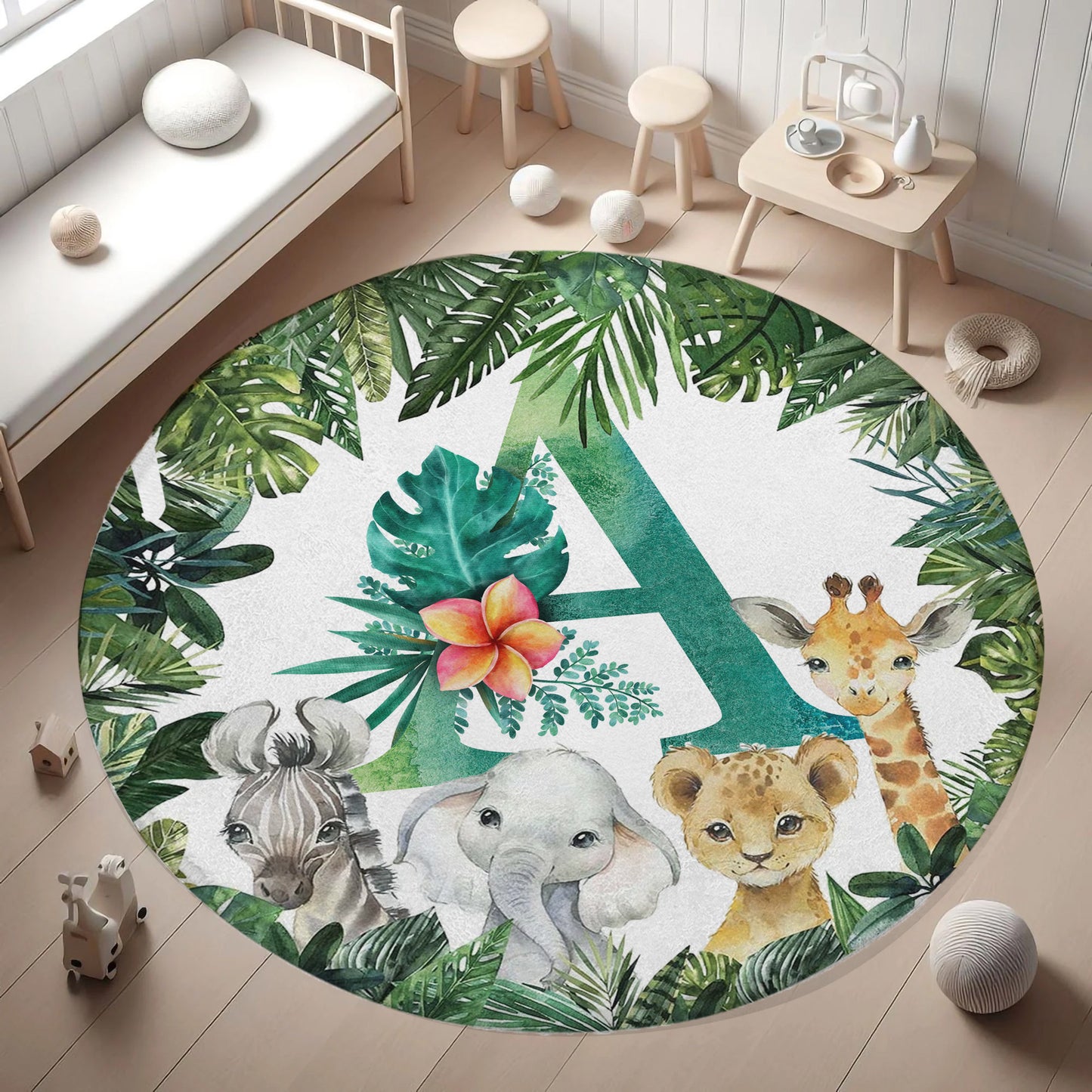 Safari Animals Alphabet Round Rug