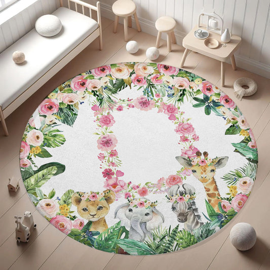 Safari Animals Floral Alphabet Round Rug