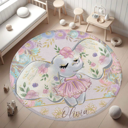 Ballerina Elephant Floral Round Rug