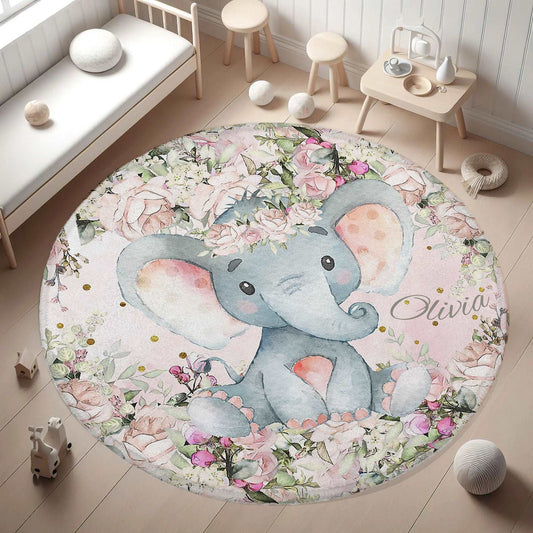 Baby Elephant Rose Floral Round Rug