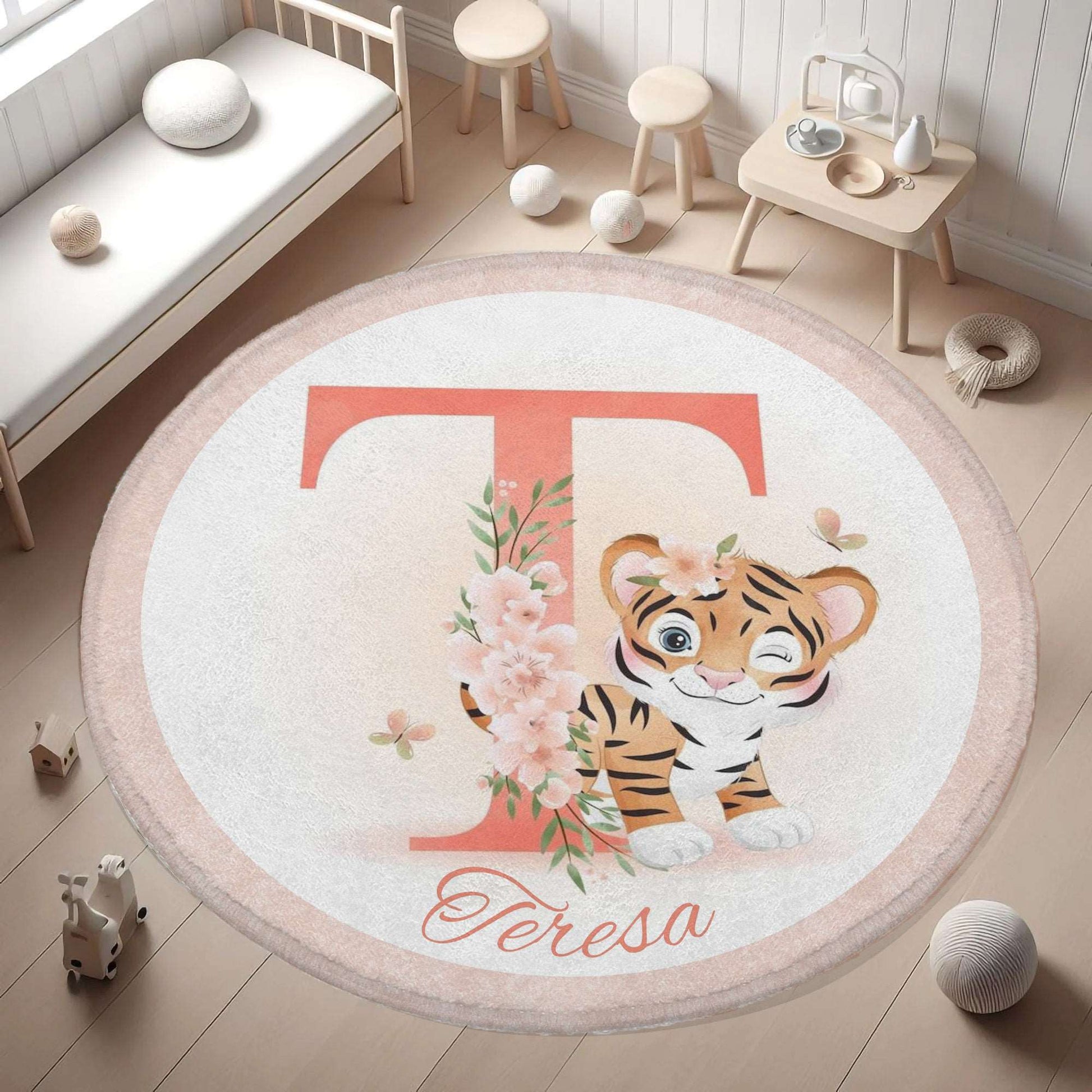 Baby Tiger Alphabet Round Rug