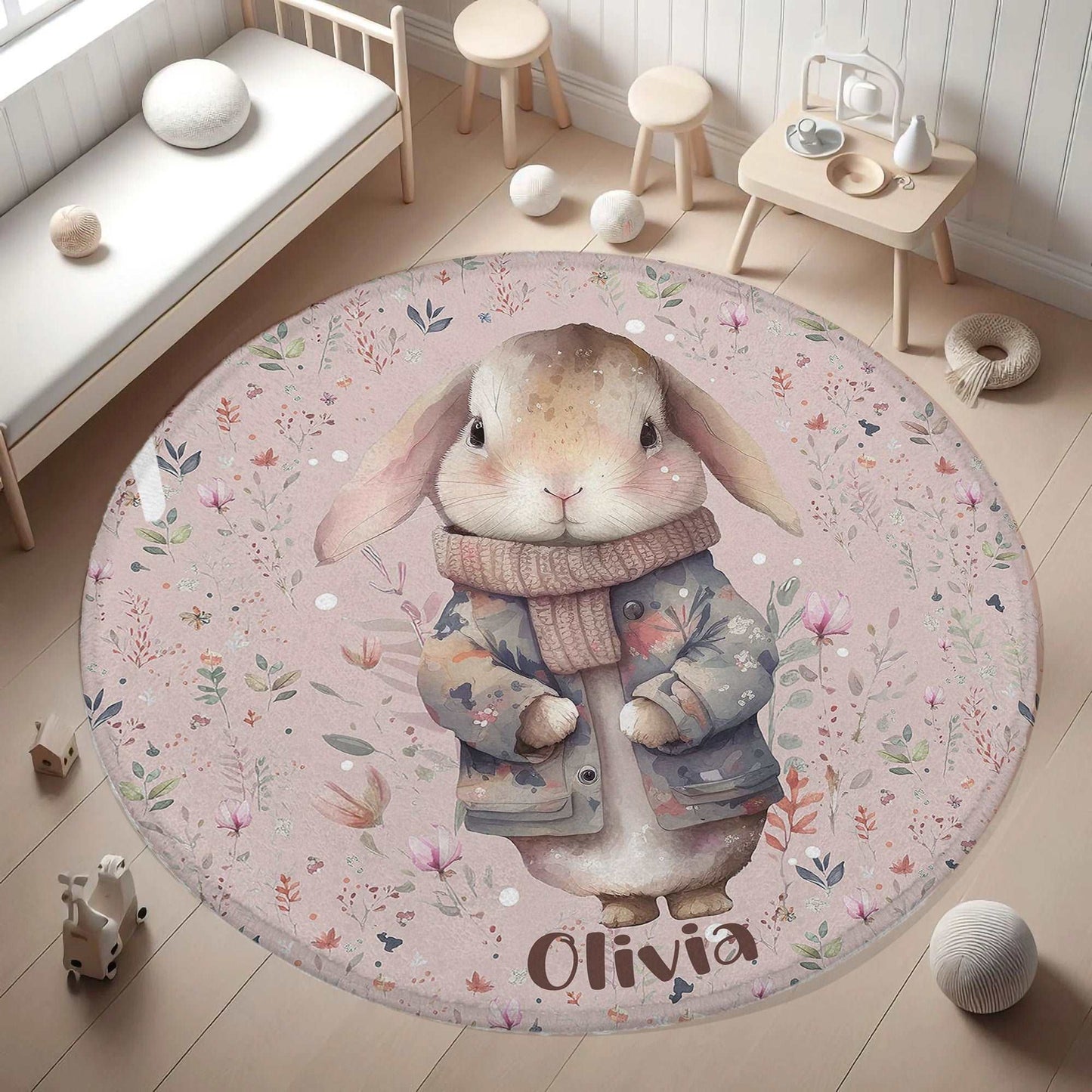 Floral Bunny Round Rug