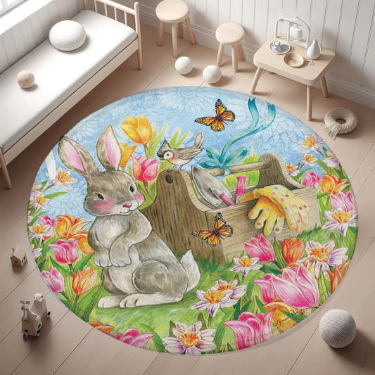 Spring Floral Bunny Round Rug