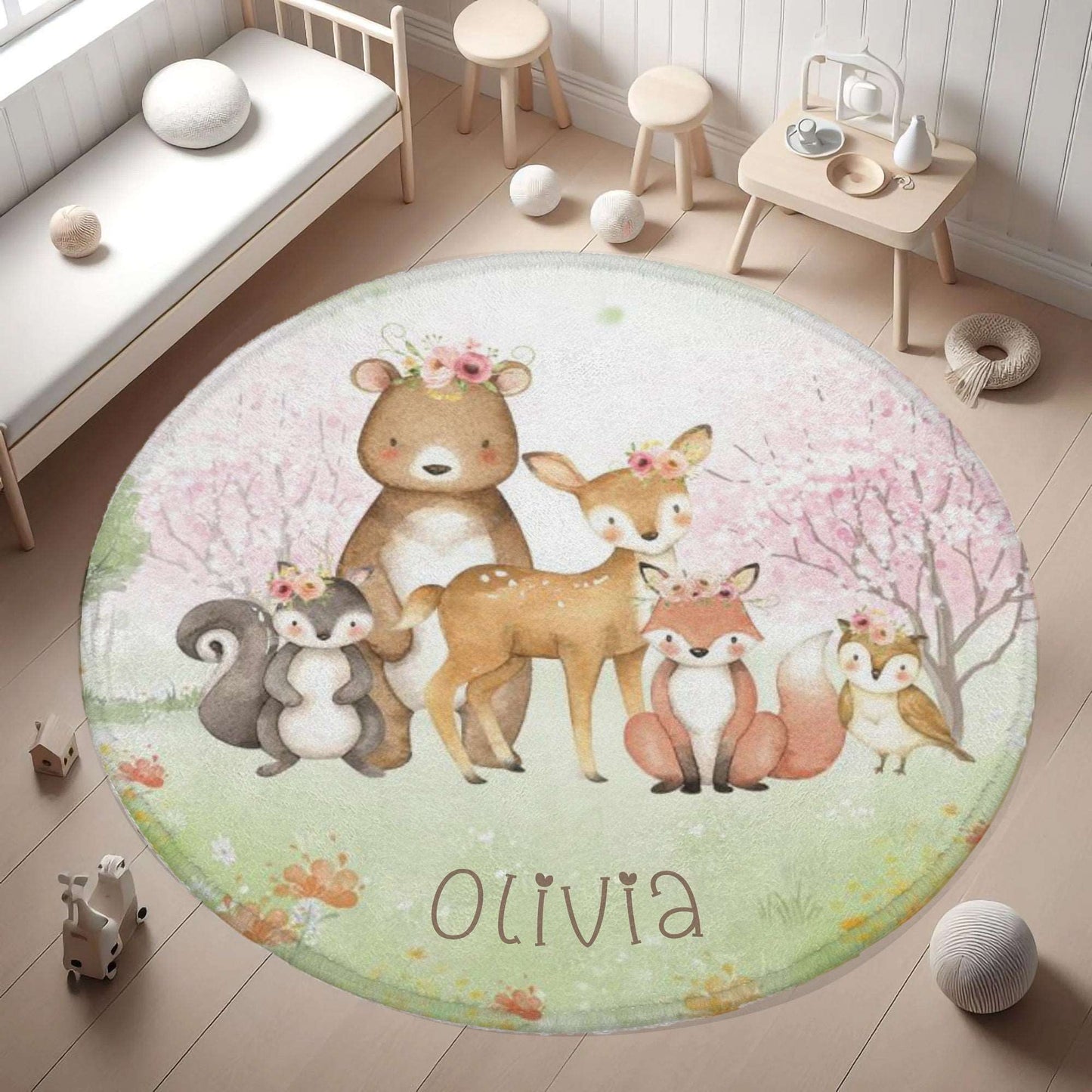 Woodland Animals Forest Round Rug