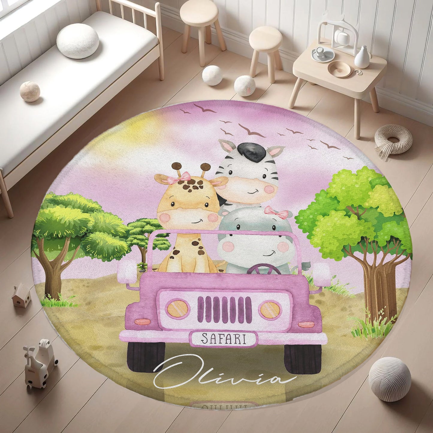 Safari Animals In Car Round Rug