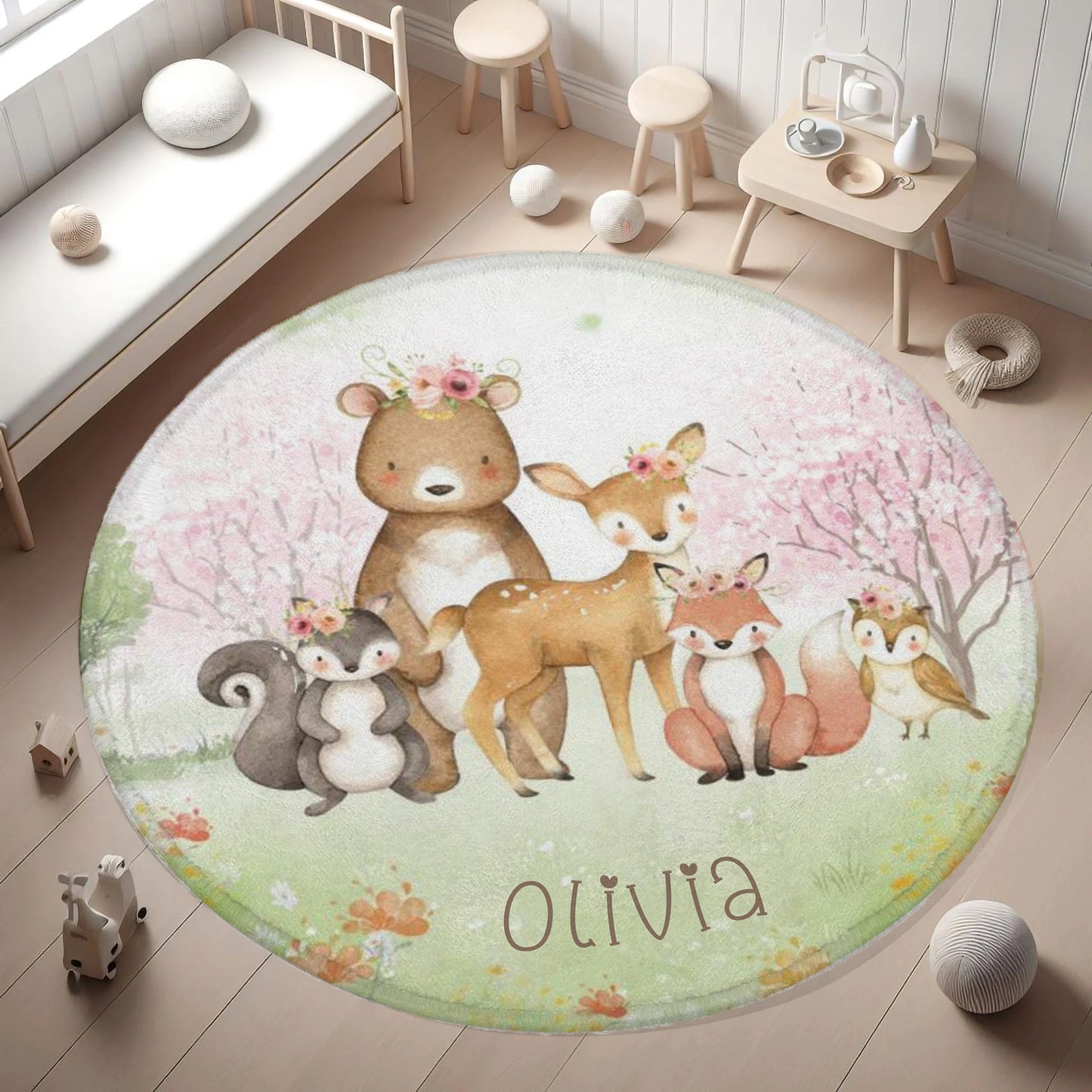 Woodland Animals Forest Round Rug