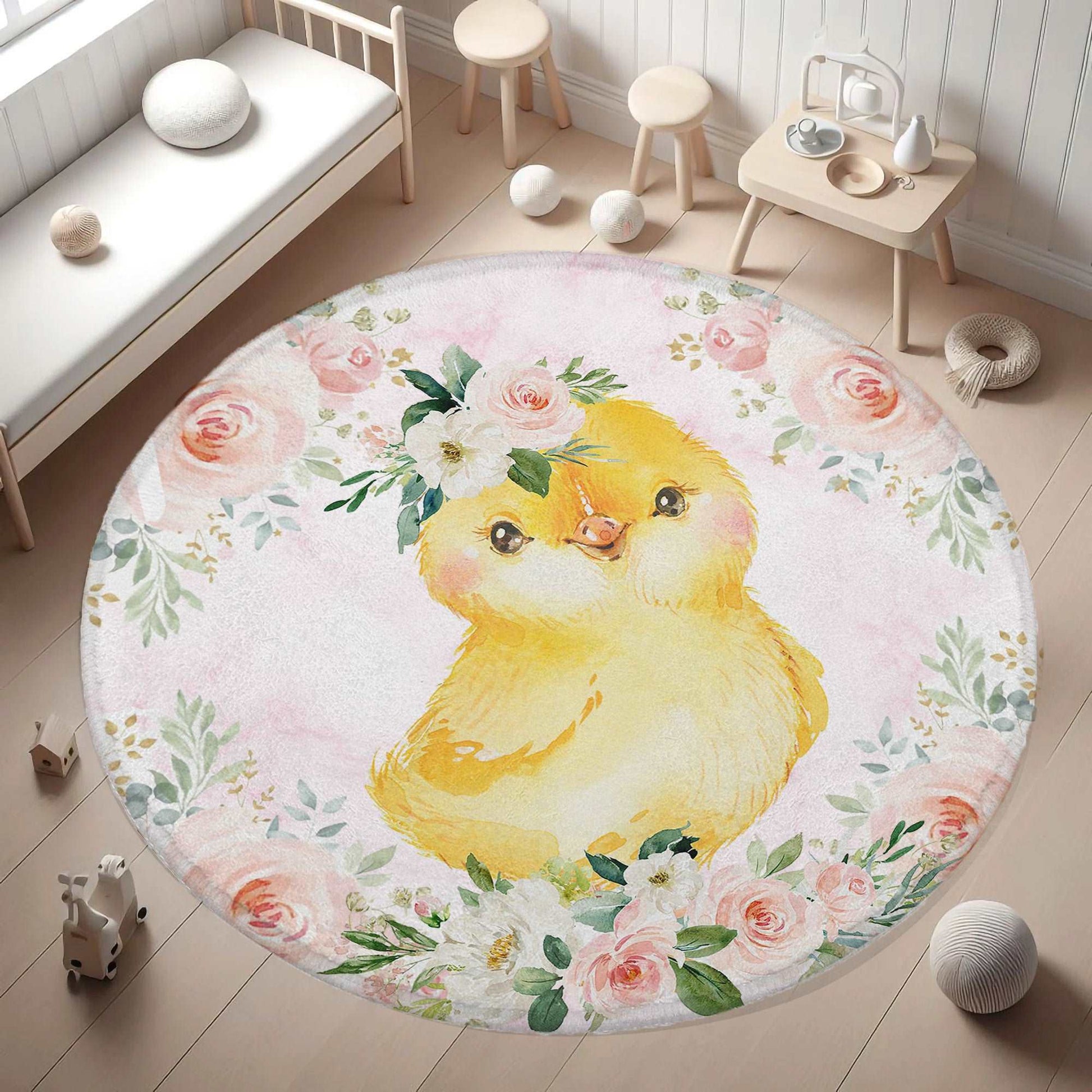 Baby Chicken Rose Floral Round Rug