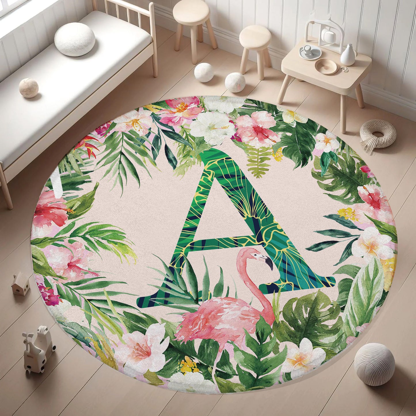 Tropical Flamingo Alphabet Round Rug