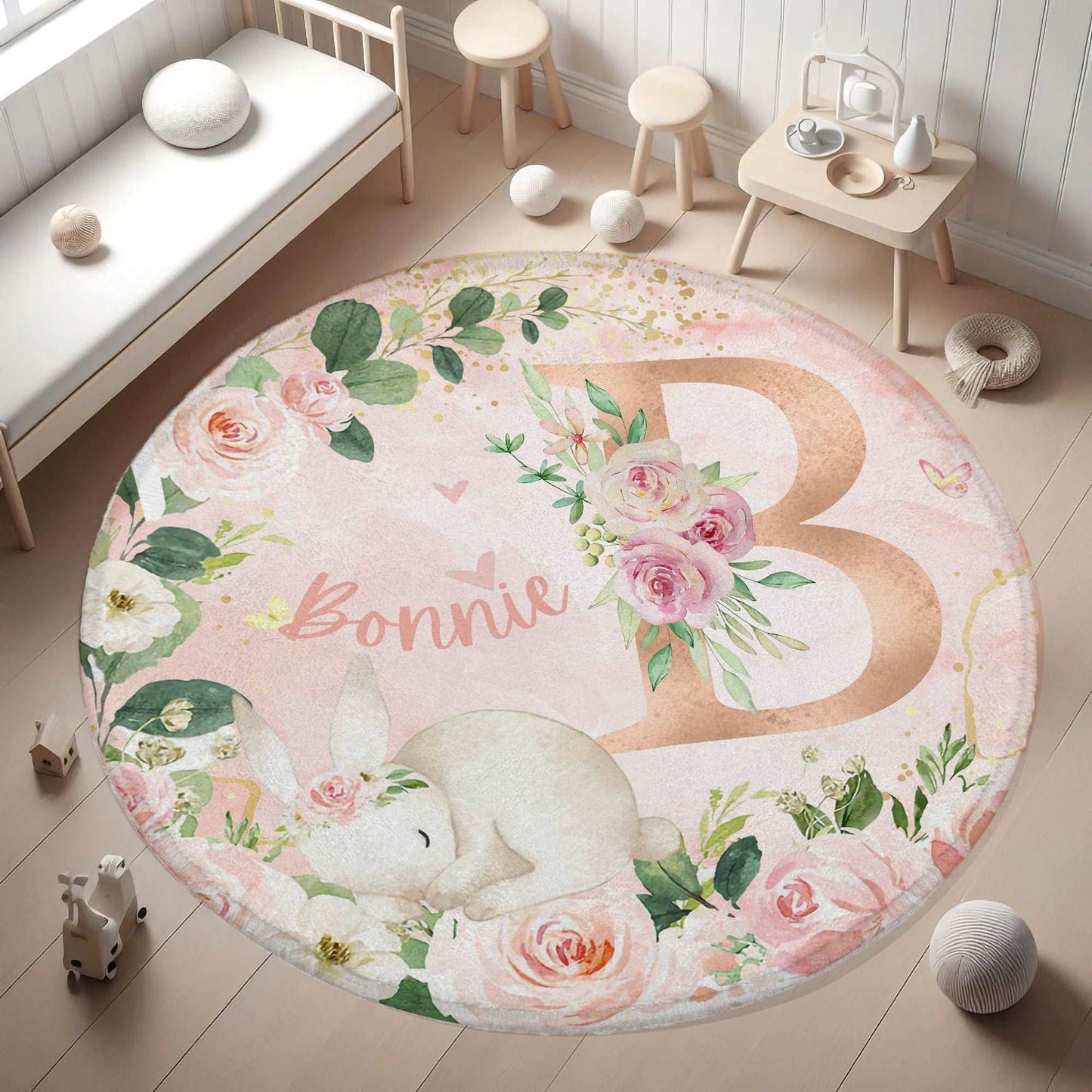 Baby Bunny Rose Floral Alphabet Round Rug