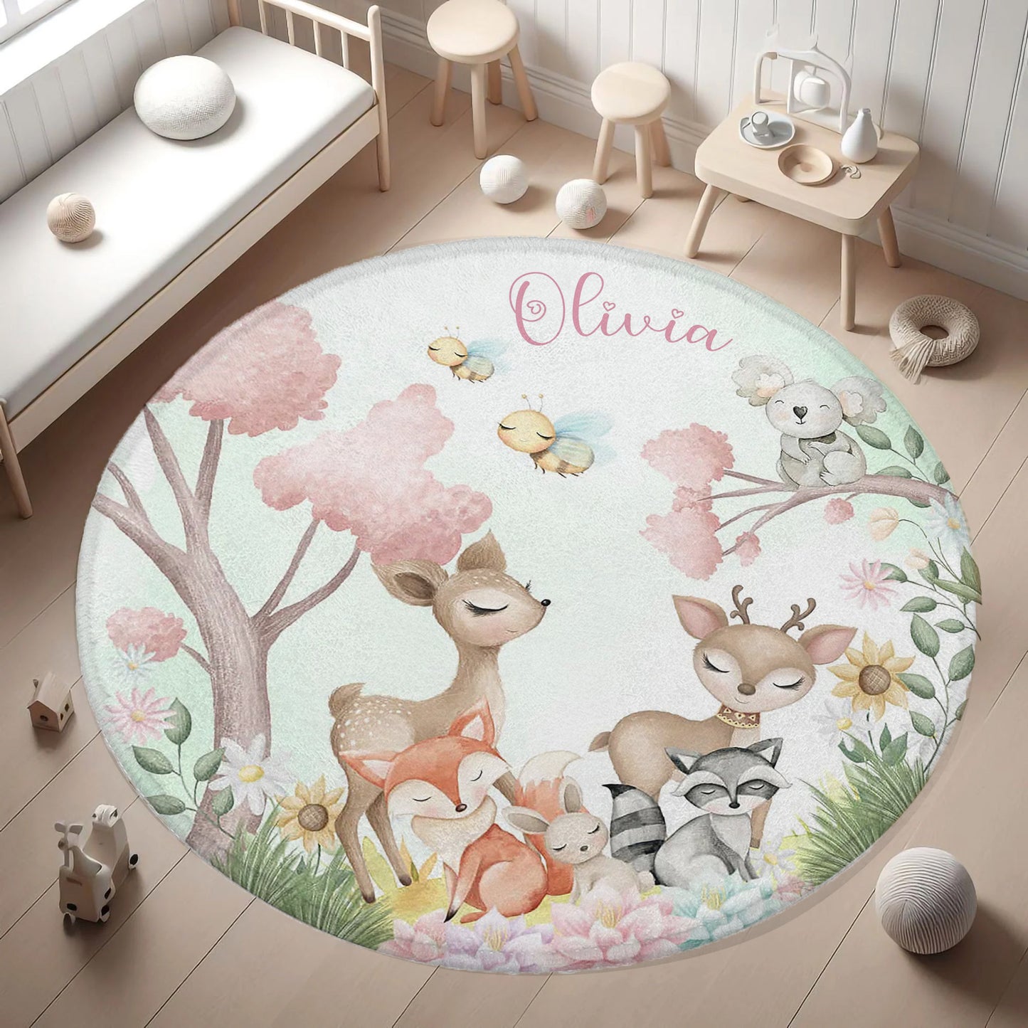 Woodland Animals Floral Round Rug