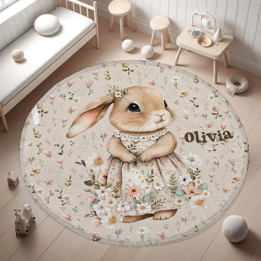 Spring Floral Bunny Round Rug