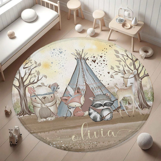 Boho Woodland Animals Round Rug