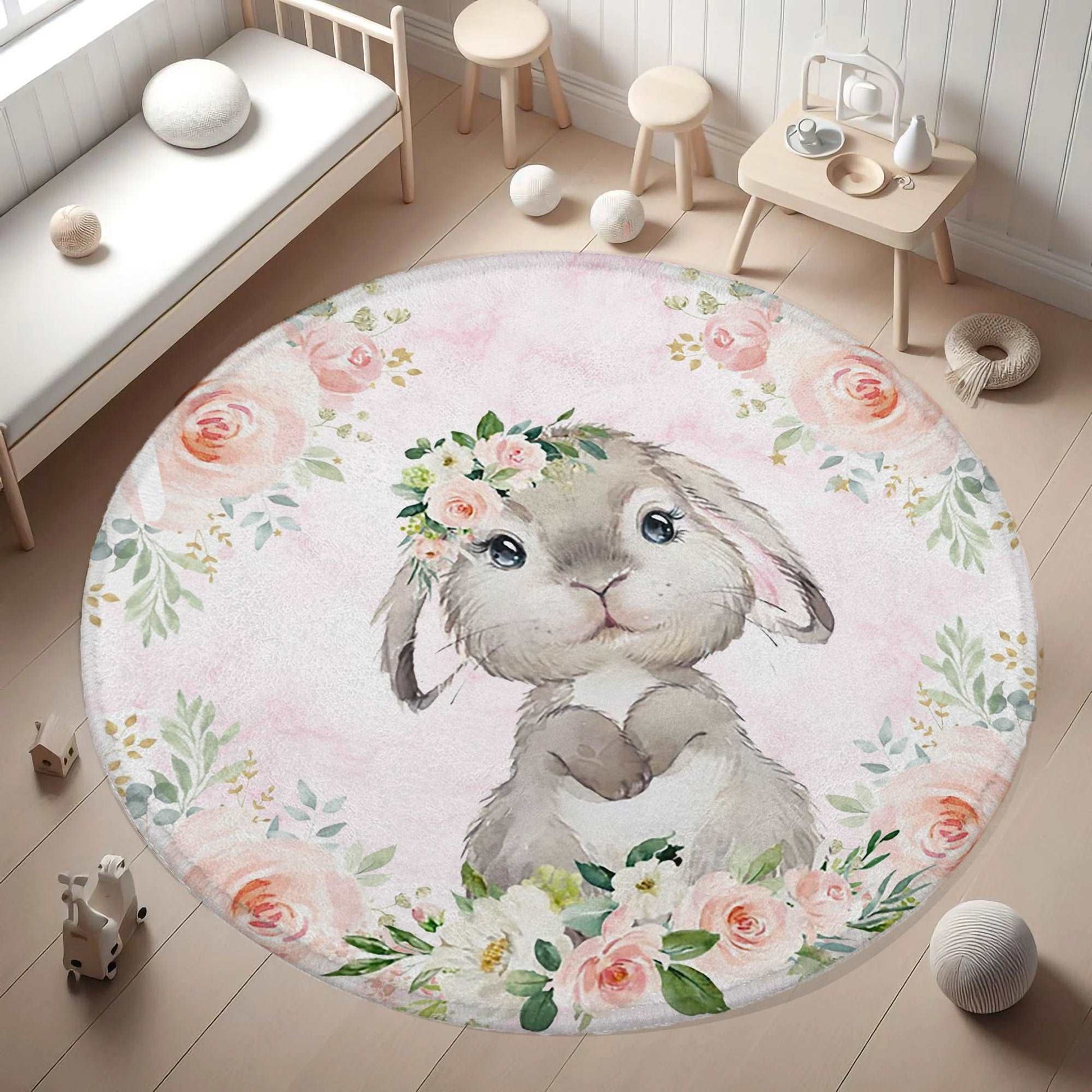 Baby Bunny Rose Floral Round Rug