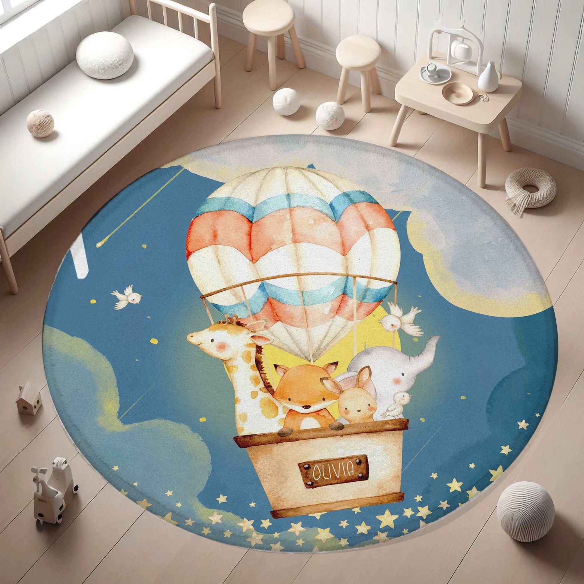 Hot Air Balloon Safari Animals Round Rug