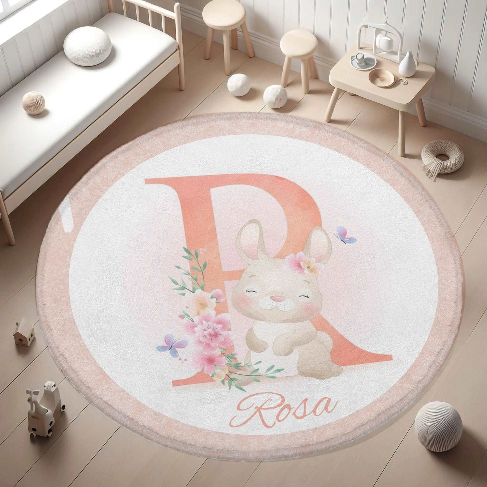 Baby Rabbit Alphabet Round Rug