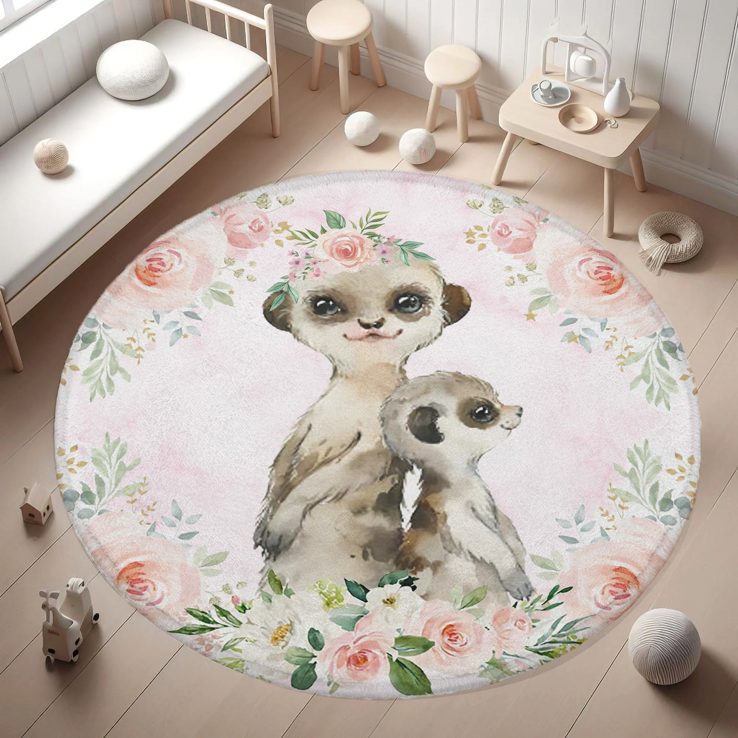 Mom And Baby Meerkat Rose Floral Round Rug