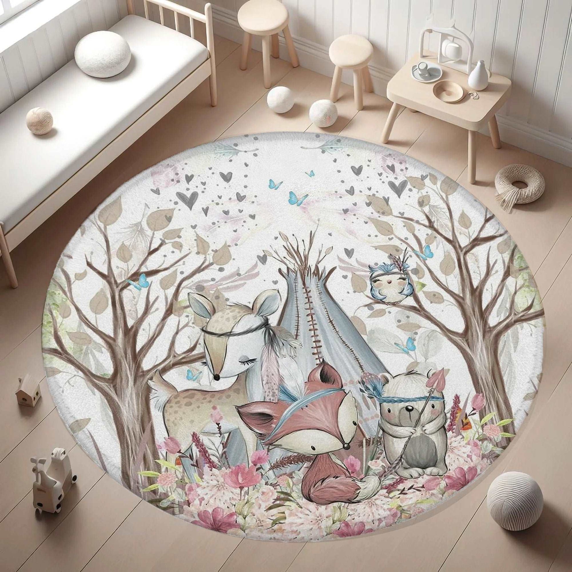 Boho Woodland Animals Round Rug