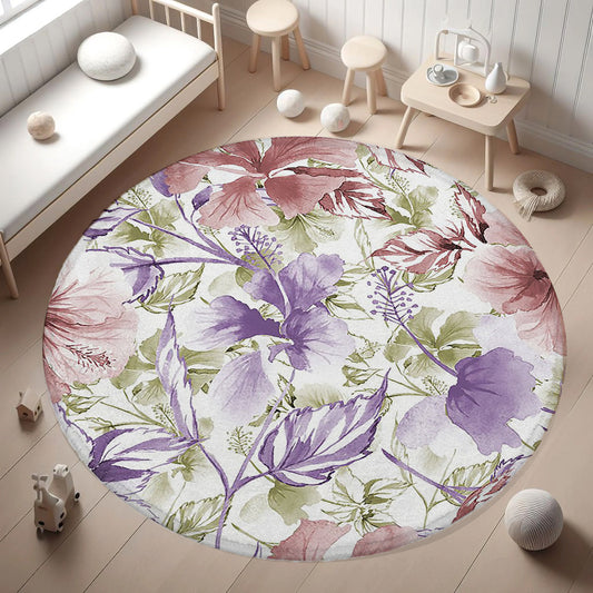 Purple Red Floral Round Rug