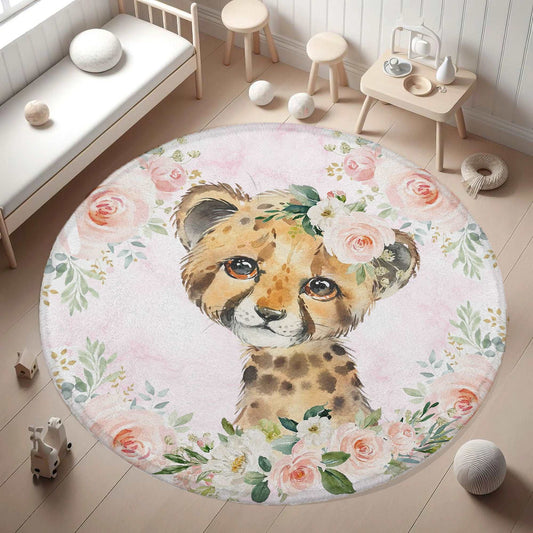 Baby Leopard Rose Floral Round Rug