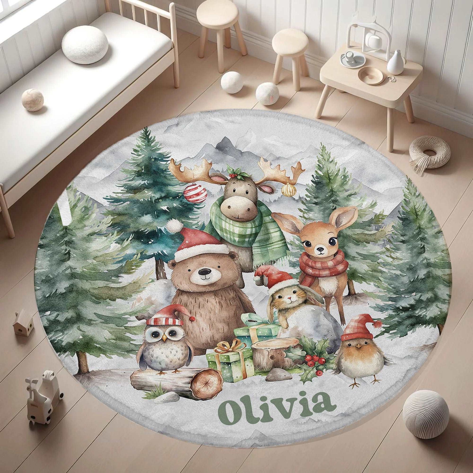 Christmas Woodland Animals Round Rug