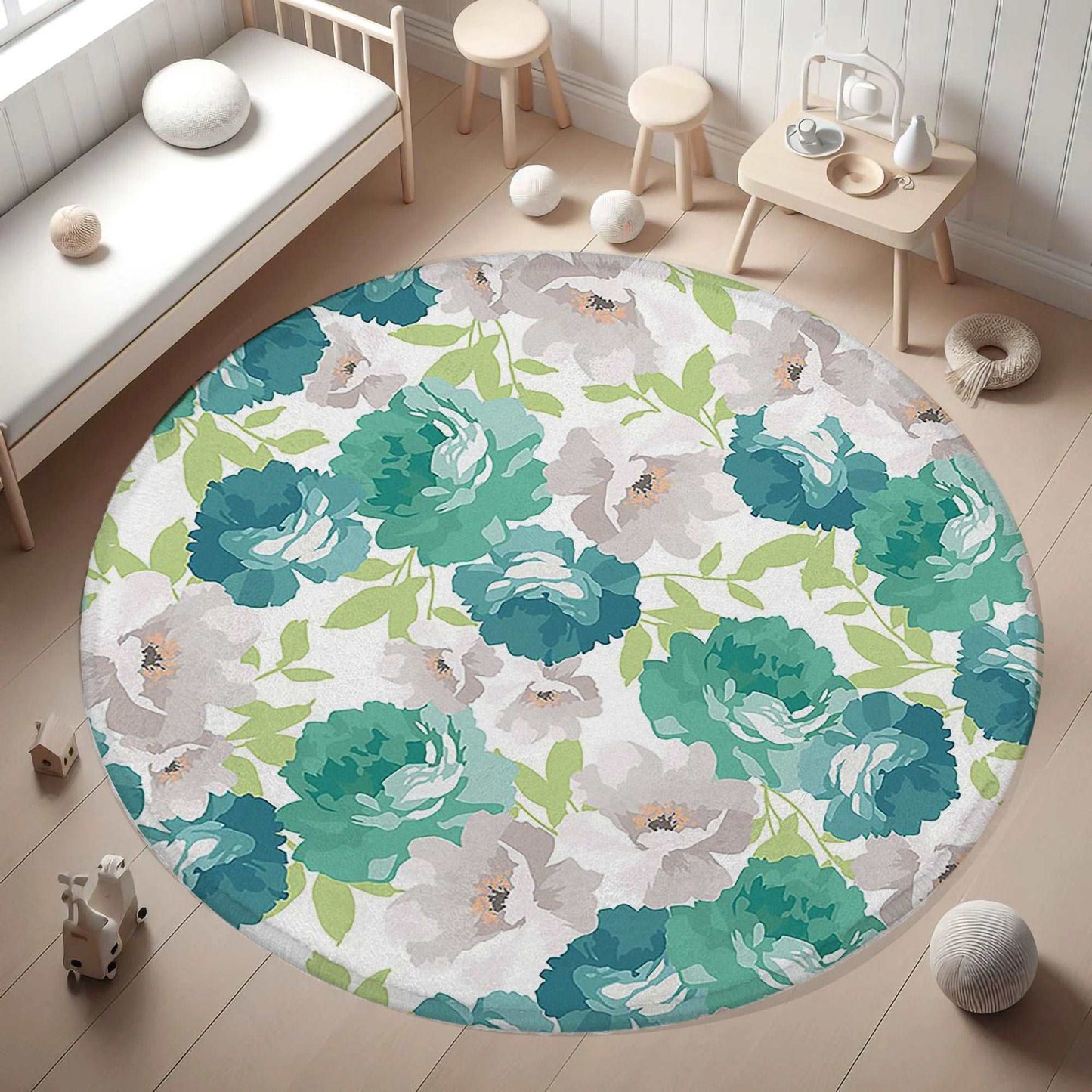 Green White Floral Round Rug