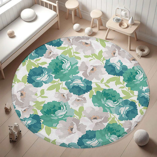 Green White Floral Round Rug