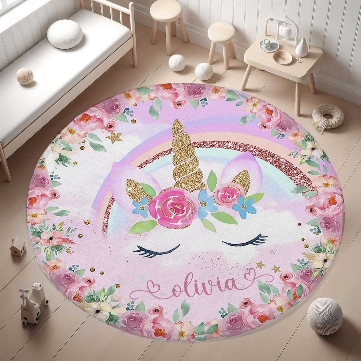 Unicorn Face Floral Round Rug