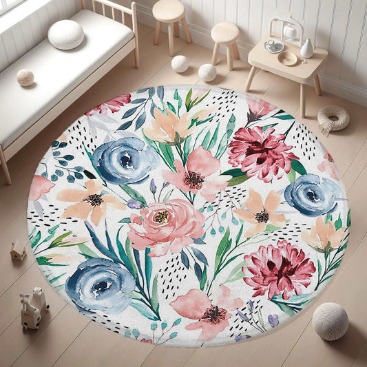 Blue Red Floral Round Rug