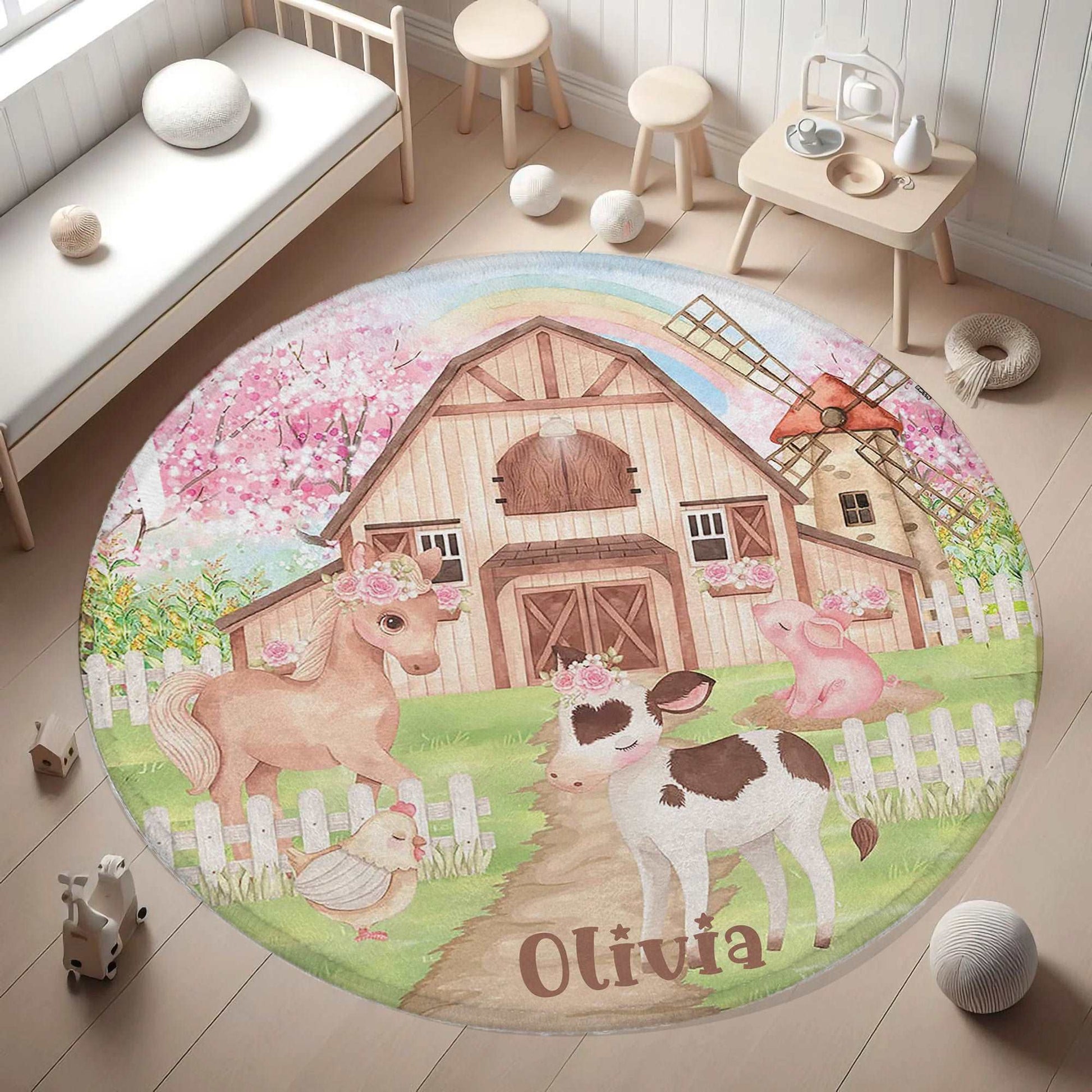 Farm Animals Floral Round Rug