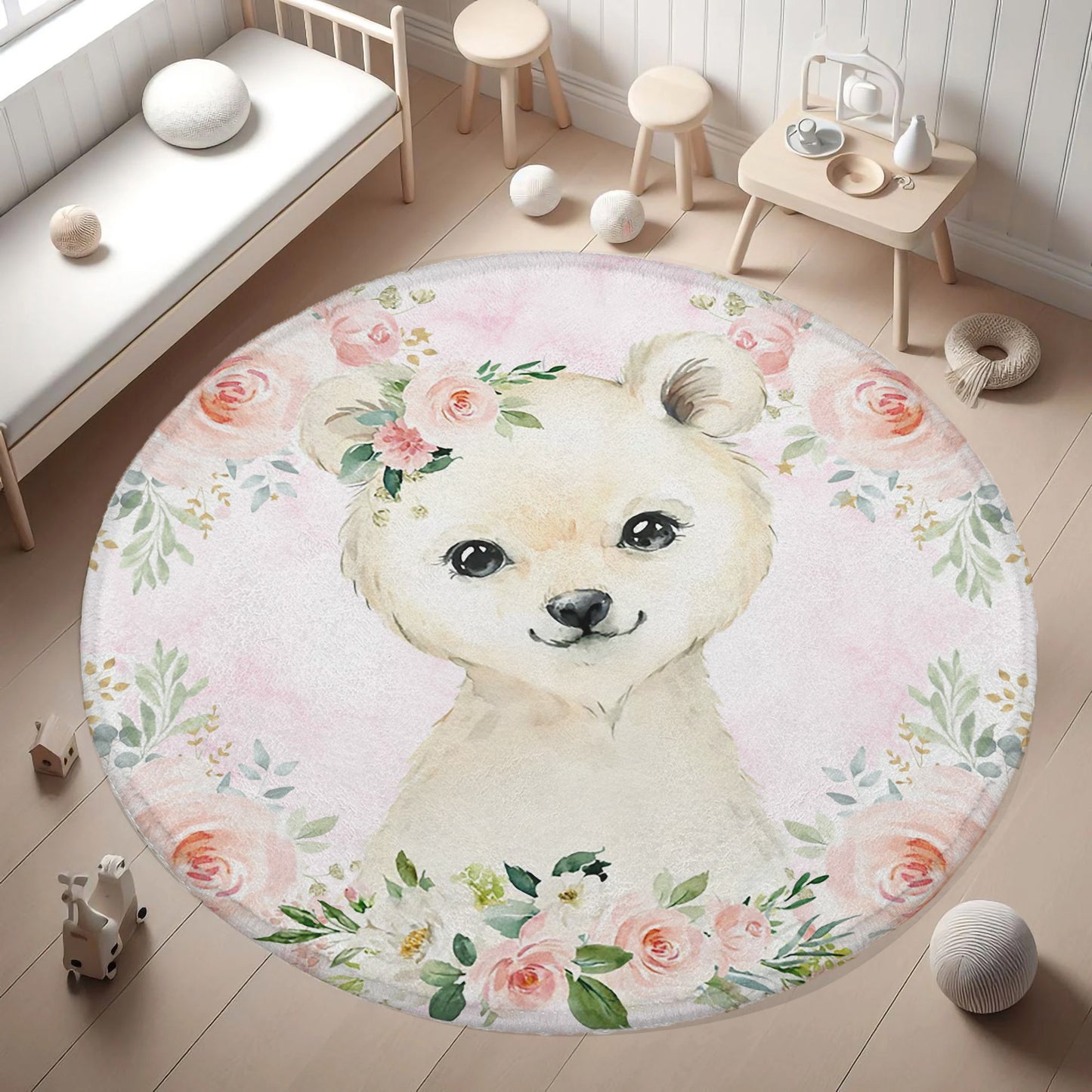 Baby Polar Bear Rose Floral Round Rug