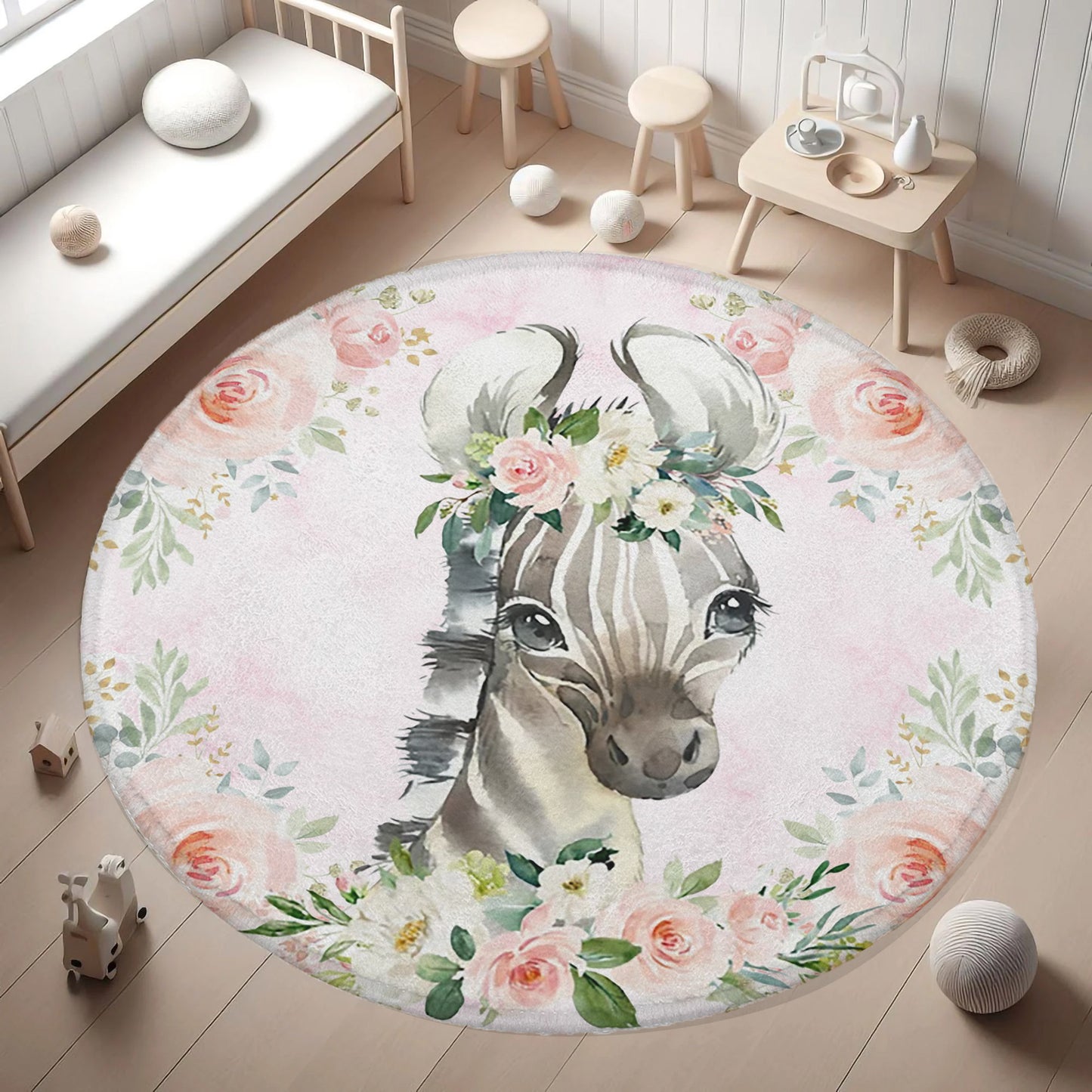 Baby Zebra Rose Floral Round Rug