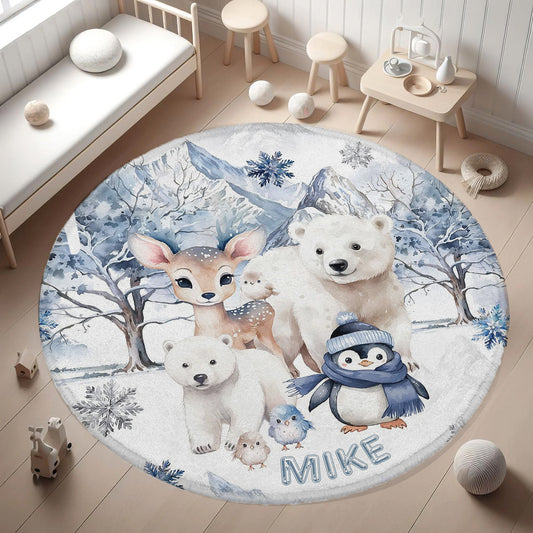 Winter Woodland Animals Round Rug