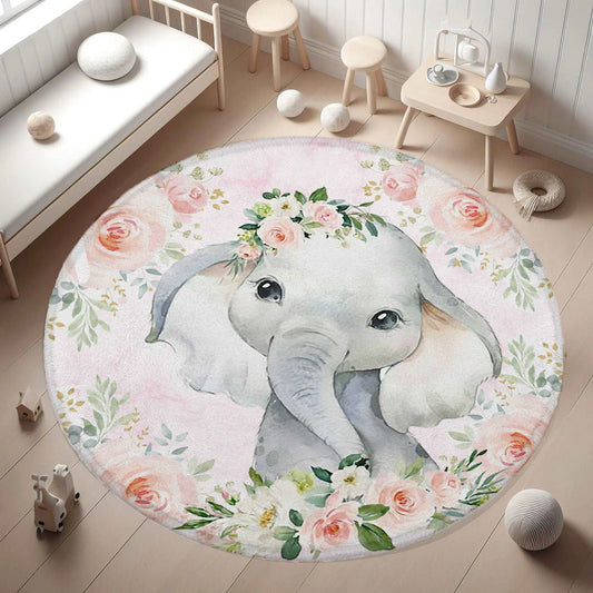 Baby Elephant Rose Floral Round Rug