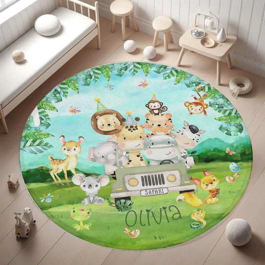 Safari Animals In Car Round Rug