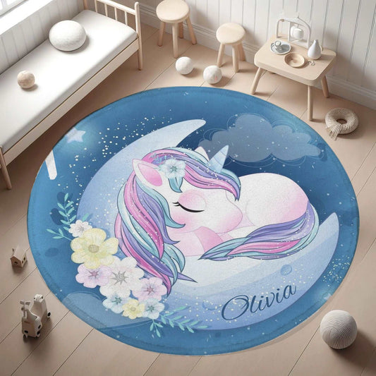 Baby Unicorn Floral Moon Round Rug