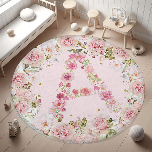 Rose Floral Alphabet Round Rug