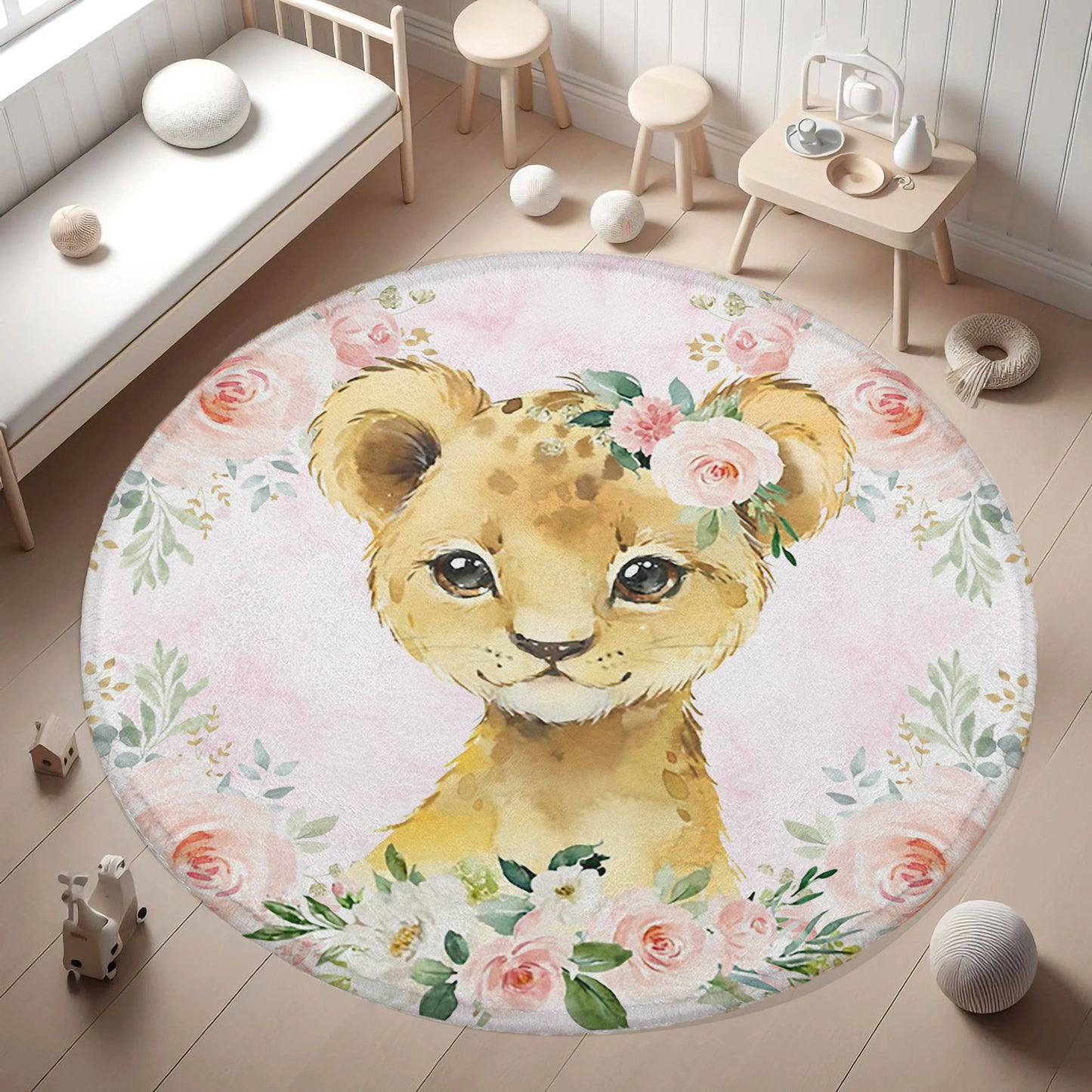 Baby Lion Rose Floral Round Rug