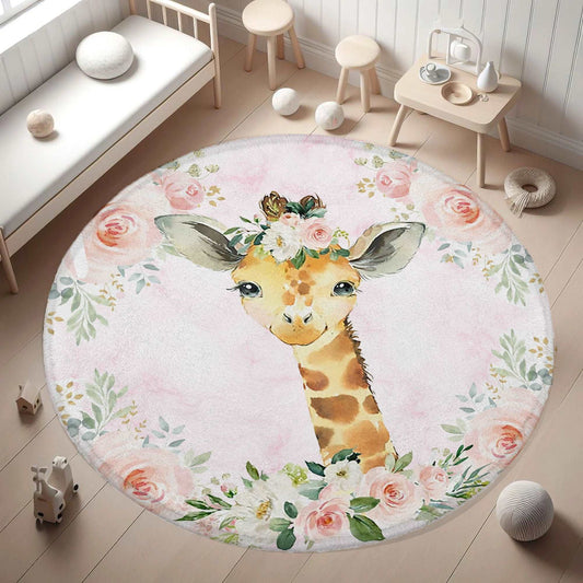 Baby Giraffe Rose Floral Round Rug