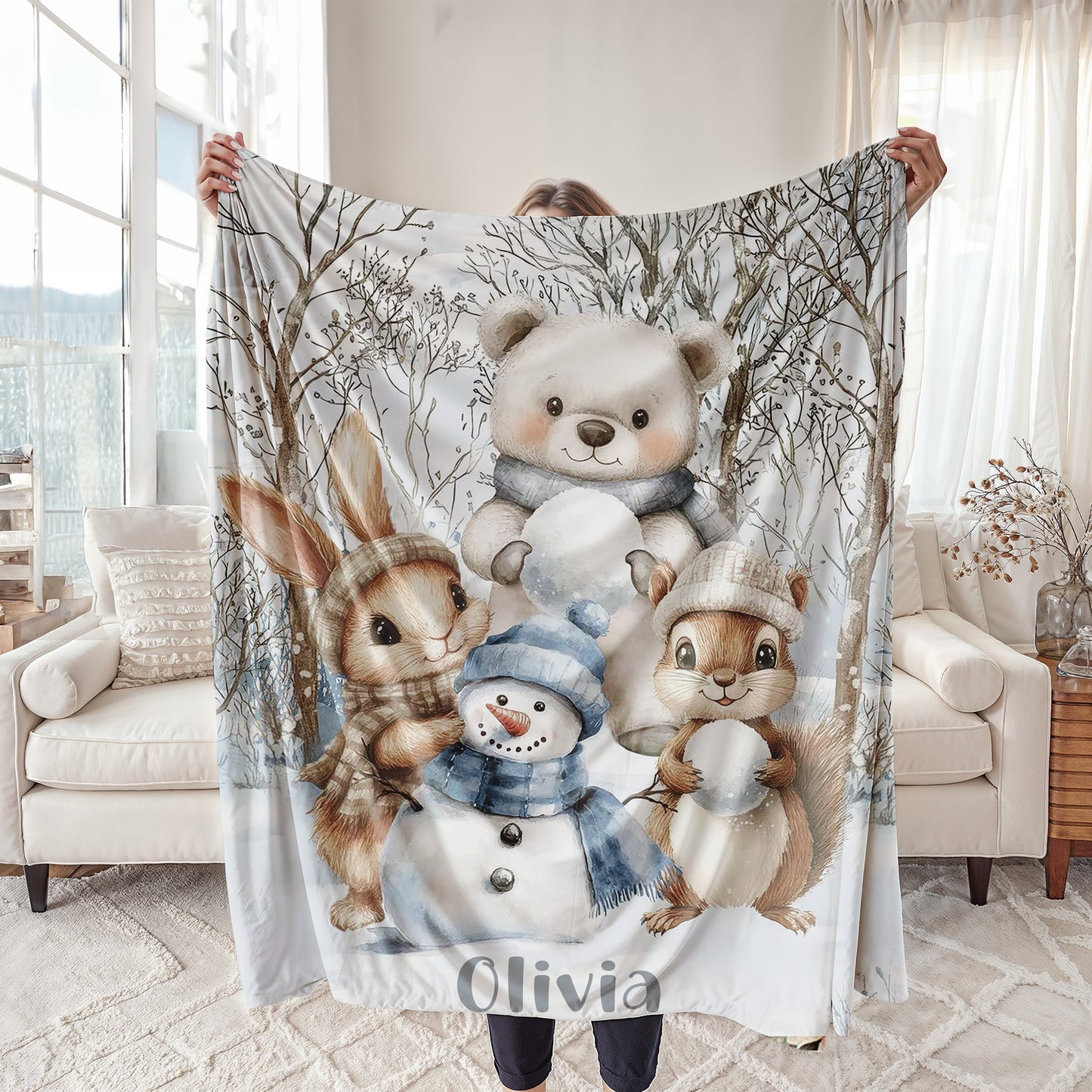 Forest Animals Snowman Blanket